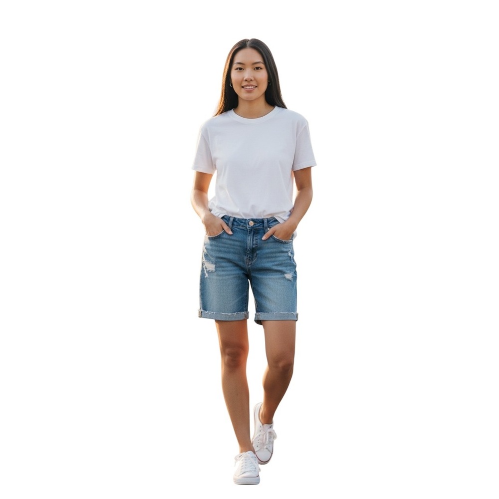 Seven7 Womens Distressed Denim Bermuda Shorts Blue Size 4 Cuffed Mid Rise